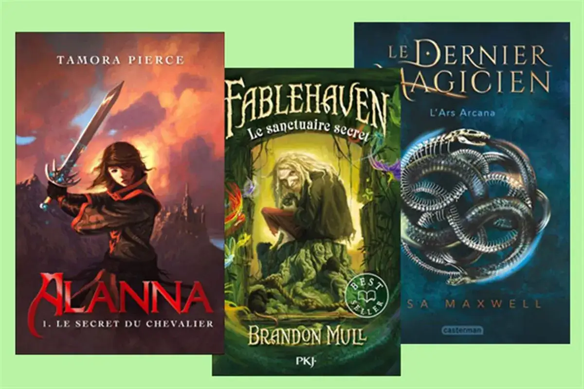Trois couvertures de livres du genre fantastique : une jeune guerrière, un vieil homme dans une forêt enchantée et un serpent squelettique.