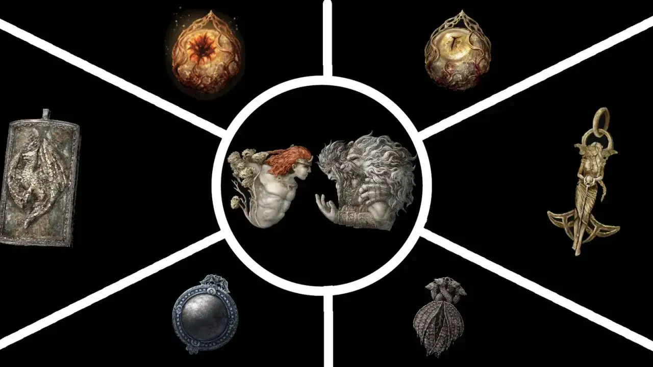 Colección de talismanes legendarios de Elden Ring, incluyendo el amuleto del dragón, el amuleto de la mujer dorada y el amuleto del árbol.