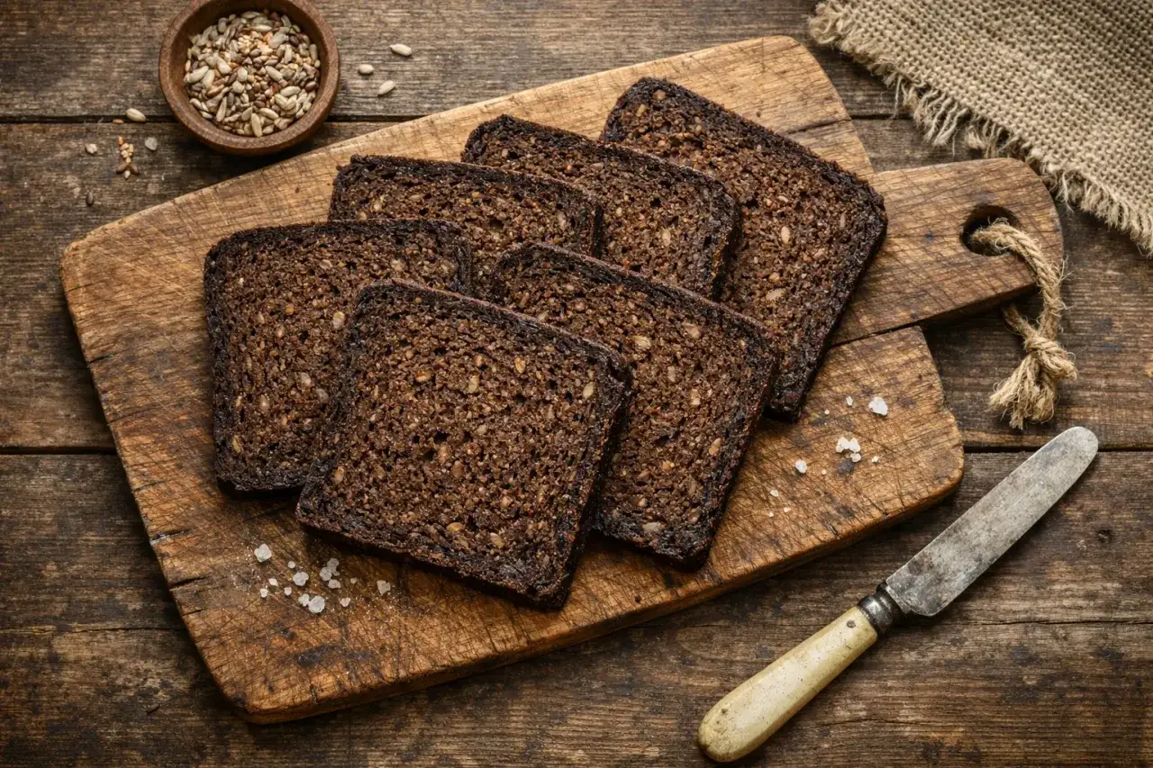 Slices of dark, hearty Schwarzbrot liegen auf einem Holzbrett. Daneben eine Schale mit Körnern und ein altes Messer.