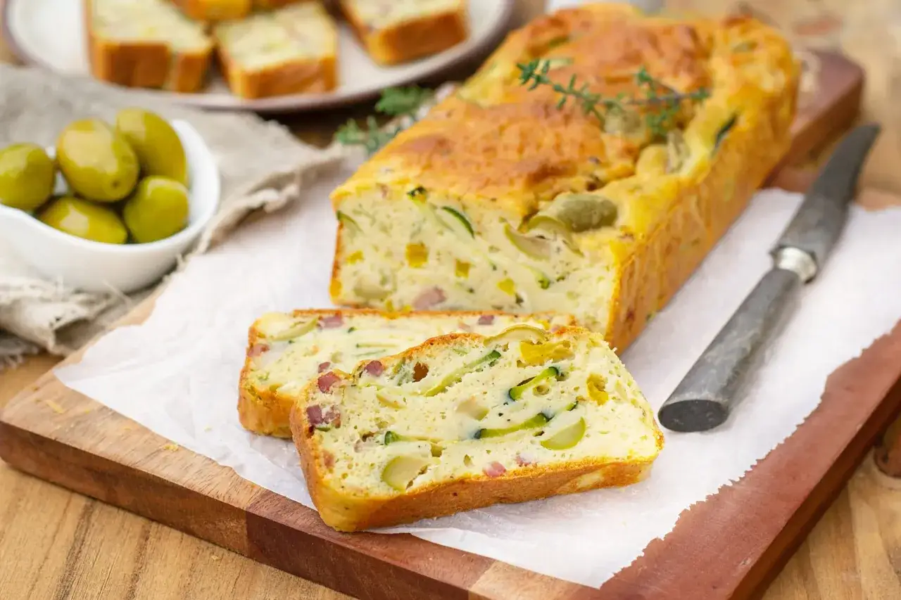 Un d&eacute;licieux cake sal&eacute; aux olives et courgettes, coup&eacute; en tranches sur une planche en bois.