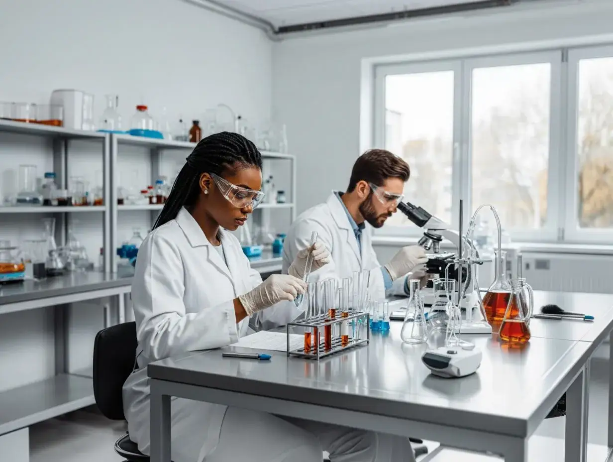 Zwei Chemielaboranten arbeiten im Labor. Sie suchen nach neuen Stellenangeboten.