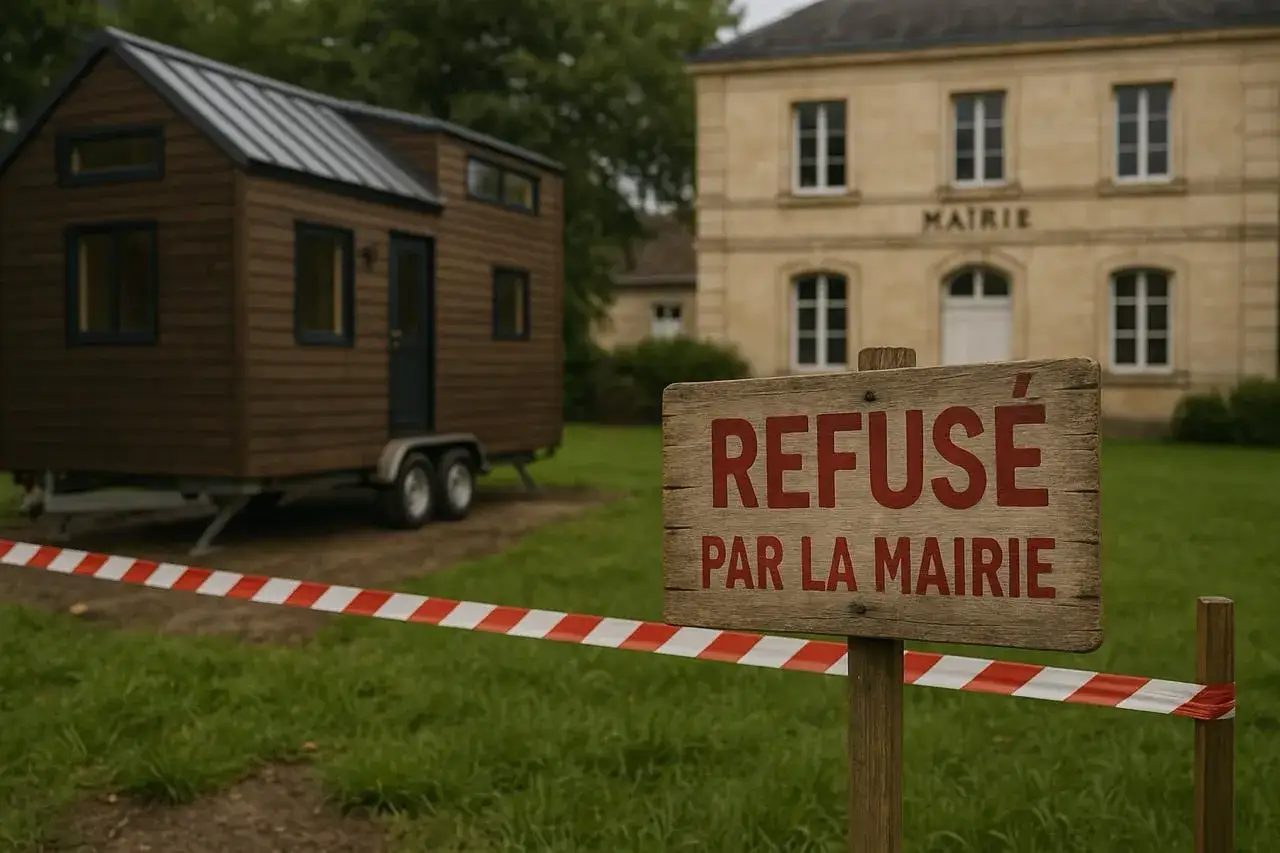 Tiny house sur roues devant la mairie, avec un panneau