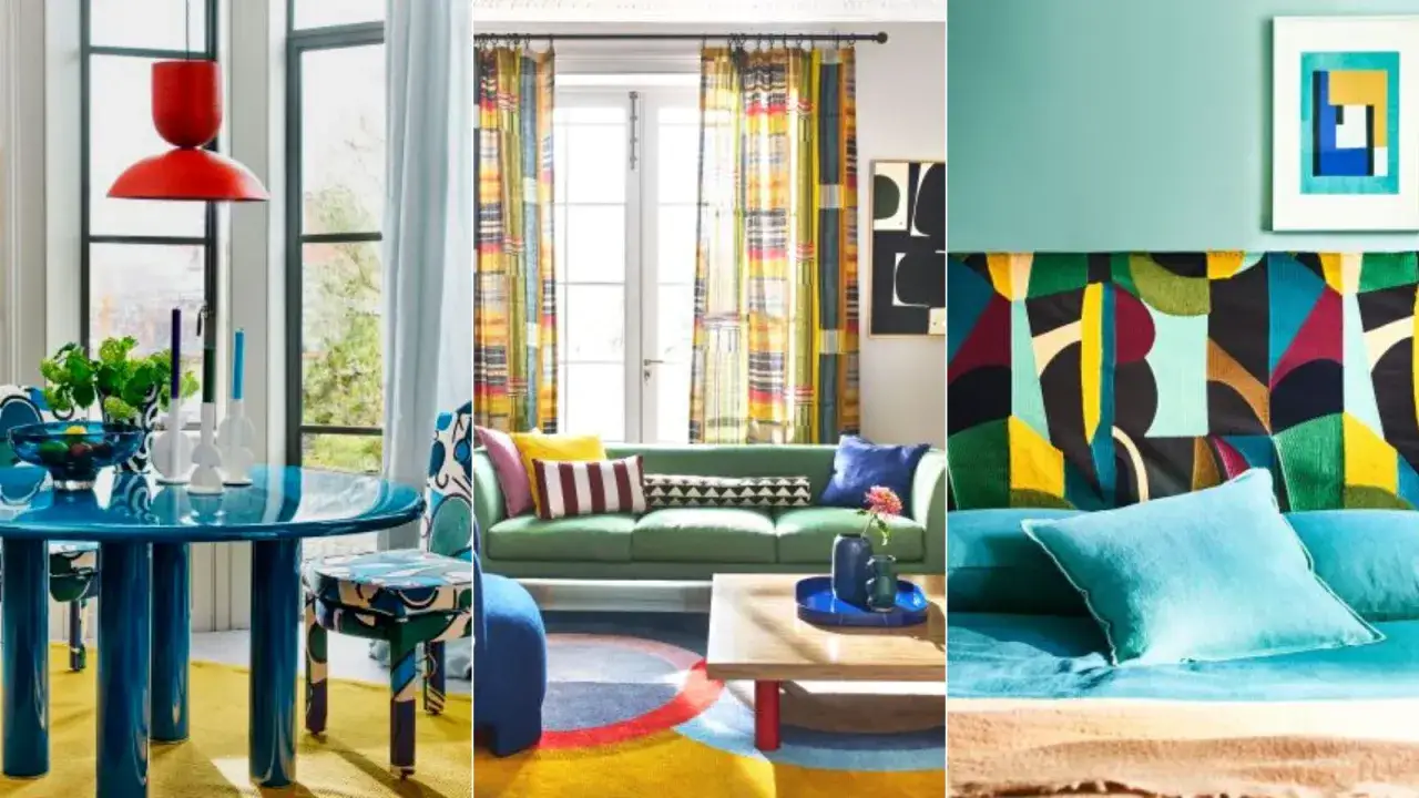 Vibrant interiors showcase bold colors. A blue dining set, a green sofa with colorful pillows, and a bedroom with a geometric headboard create lively spaces.