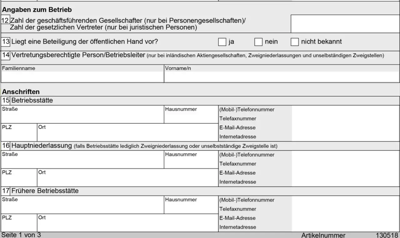 Formular zur gewerbe anmelden: Angaben zum Betrieb, Anschriften, Betriebsst&auml;tte, Hauptniederlassung, fr&uuml;here Betriebsst&auml;tte.