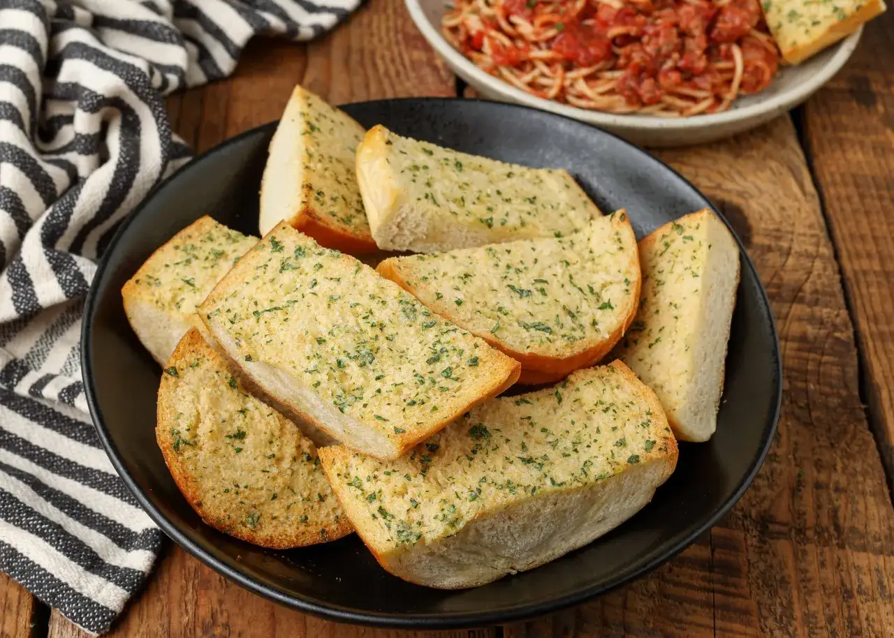 Knoblauchbutter rezept: knusprige Brotscheiben mit Kr&auml;utern und Butter, perfekt als Beilage zu Pasta.