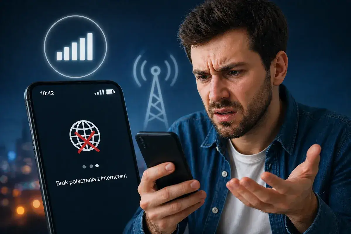 Zmarszczony mężczyzna patrzy na telefon z komunikatem 