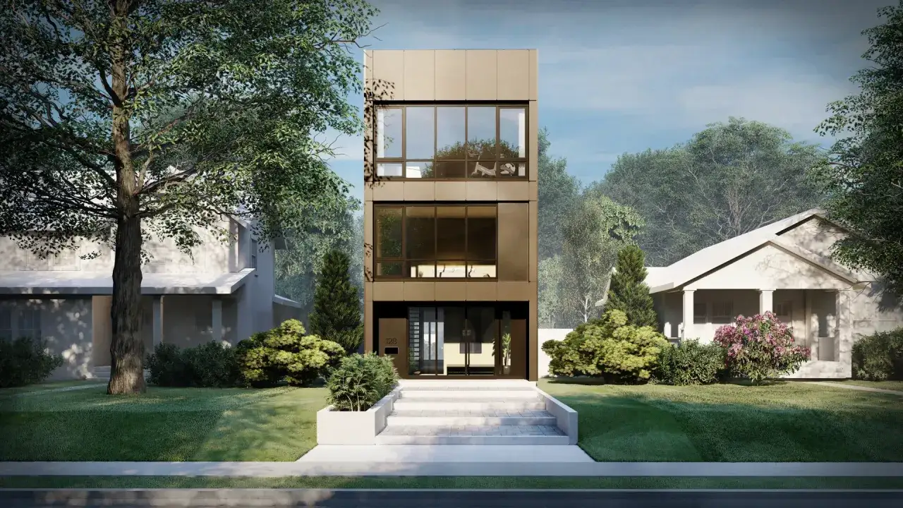 Ein schmales, mehrstöckiges Haus mit Glasfronten repräsentiert moderne Architektur, umgeben von Bäumen und einem traditionellen Nachbarhaus.