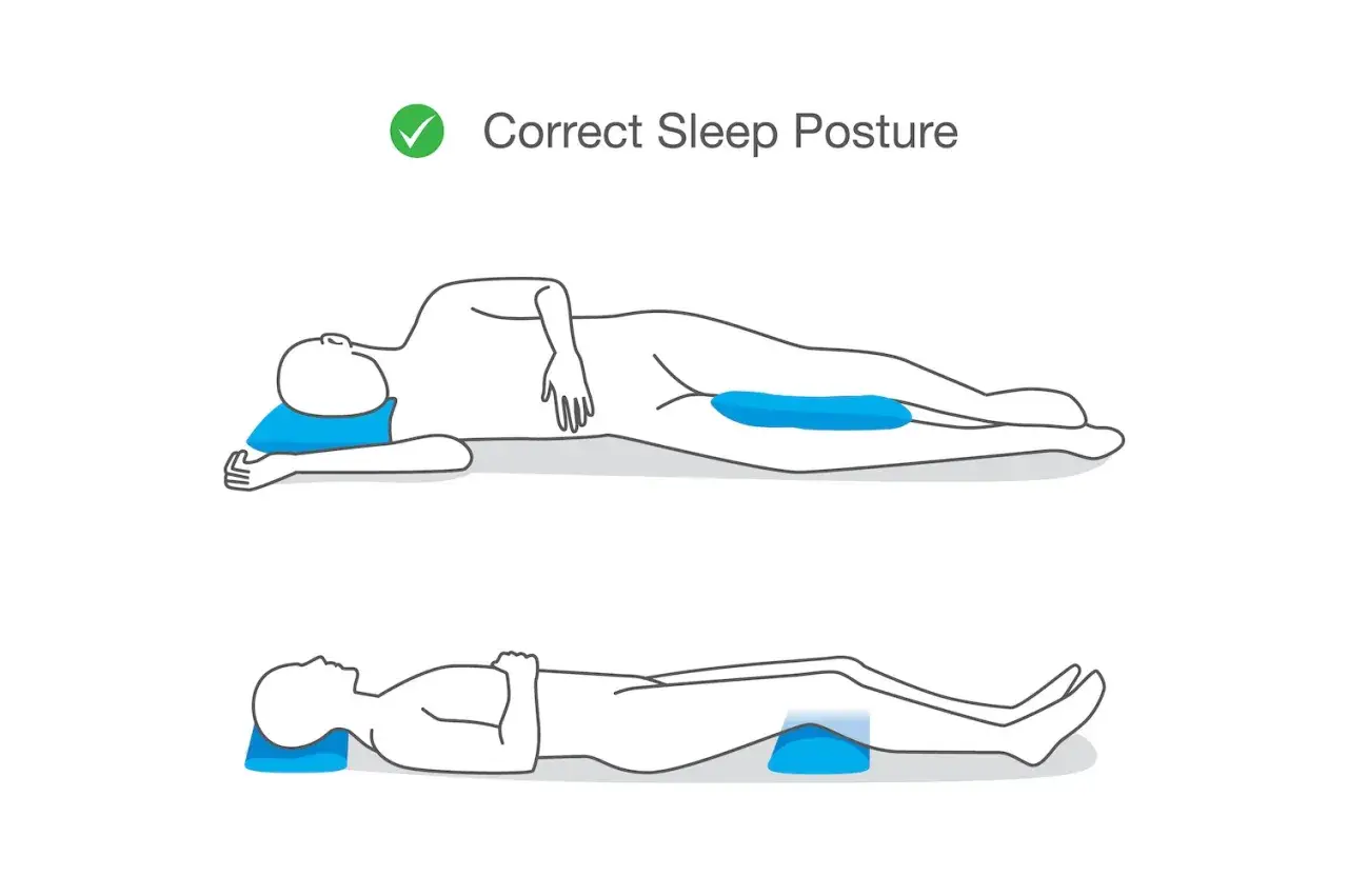 Correct sleep posture: side sleeper with pillow under knees, and back sleeper with pillow under knees.