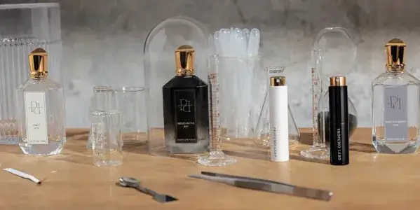 Flakony wody perfumowanej i wody toaletowej obok siebie, etykiety EDP i EDT