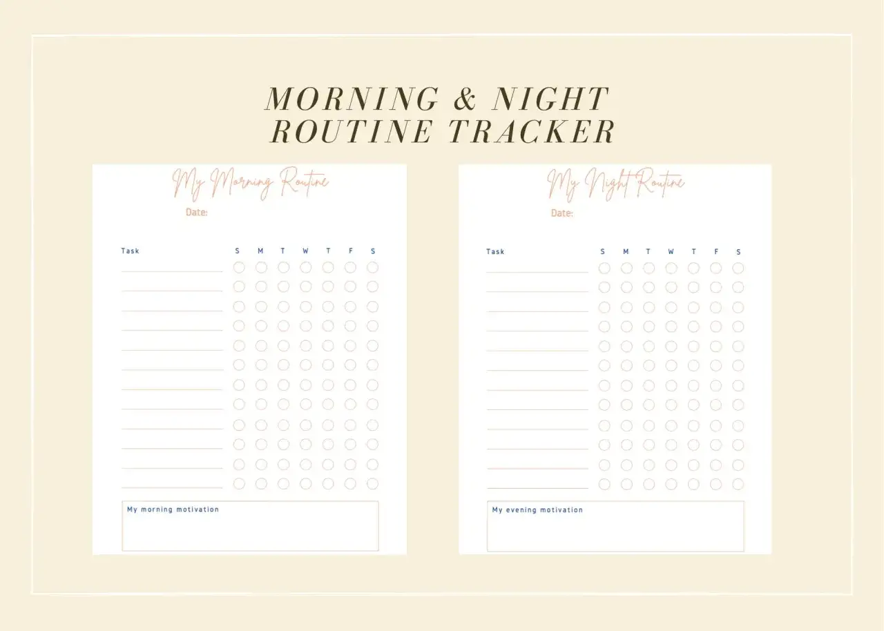 Morning & Night Routine Tracker with spaces to list tasks and mark completion for 7 daily habits.