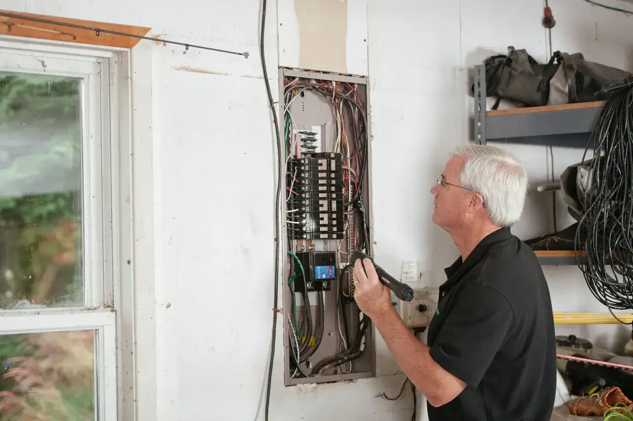 Starszy mężczyzna z latarką sprawdza instalację niskoprądową w skrzynce elektrycznej.