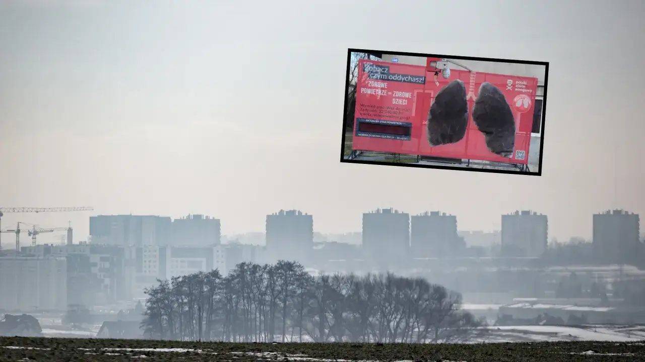Plakat informuje, jak zapobiegać smogowi, pokazując zanieczyszczone płuca i apelując o czyste powietrze dla dzieci.