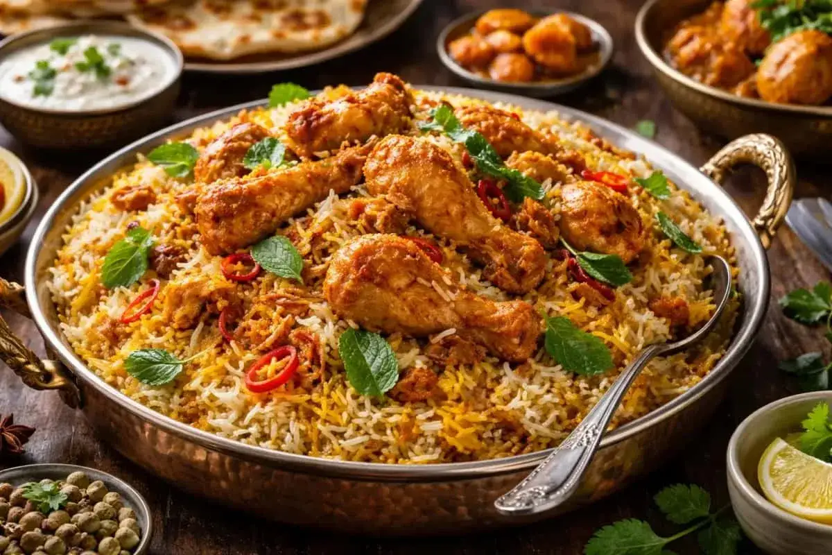 En stor sk&aring;l med kycklingbiryani, en klassisk indisk mat, toppad med f&auml;rska myntablad och chiliringar.