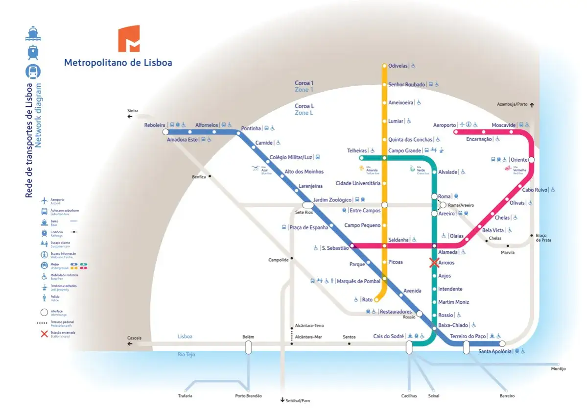 Mapa metra Lizbony: zobacz trasy, stacje i przesiadki. Planuj zwiedzanie Lizbony, korzystając z metra.