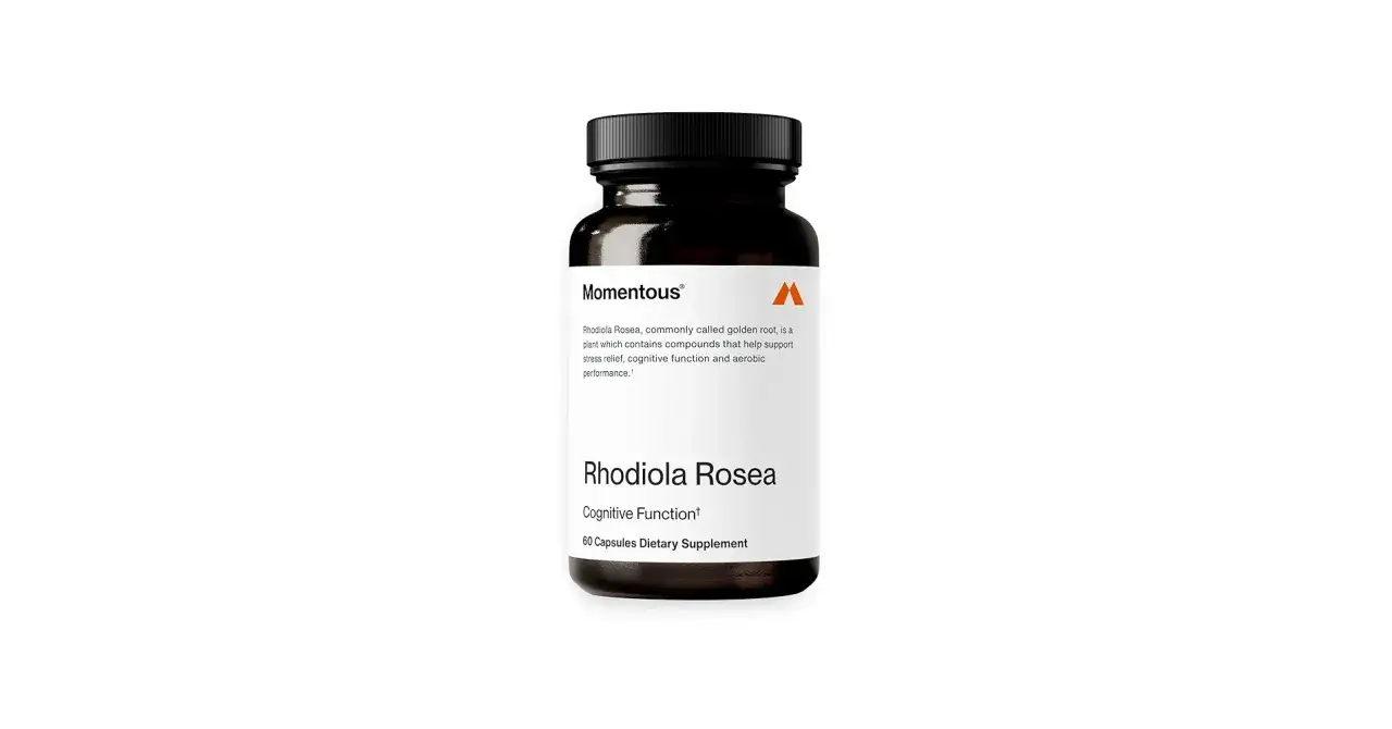 Frasco de suplemento Rhodiola Rosea, para función cognitiva y alivio del estrés.