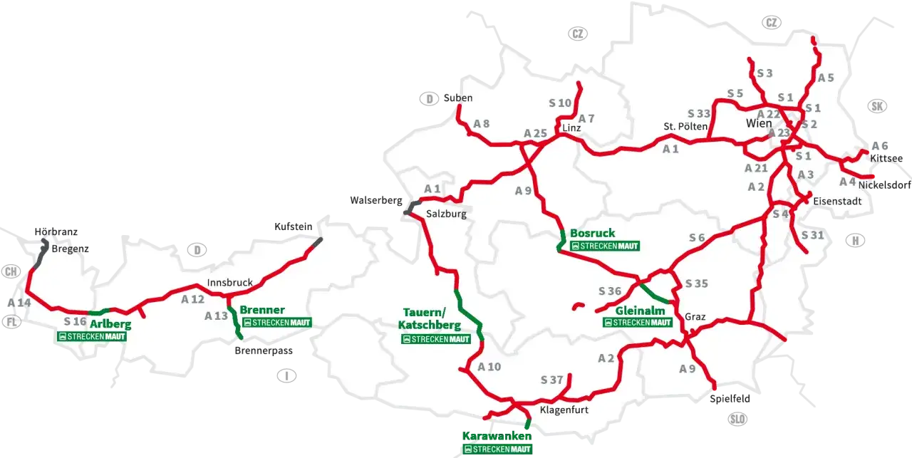 Mapa Austrii z zaznaczonymi drogami płatnymi. Sprawdź e-winieta Austria cena i planuj podróż.