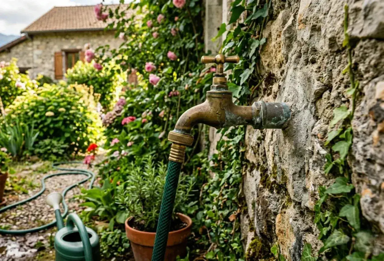 Robinet ext&eacute;rieur en laiton, raccord&eacute; &agrave; un tuyau vert. Un jardin fleuri et une maison en pierre en arri&egrave;re-plan. Id&eacute;al pour installer un robinet ext&eacute;rieur sans soudure.