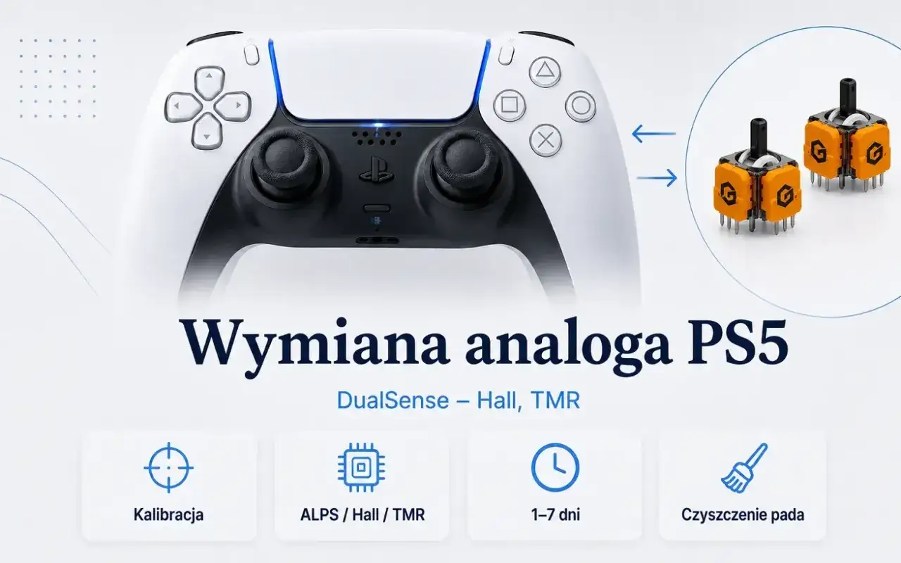 Naprawa pada PS5: wymiana analogów, kalibracja, czyszczenie. Usługa trwa 1-7 dni.