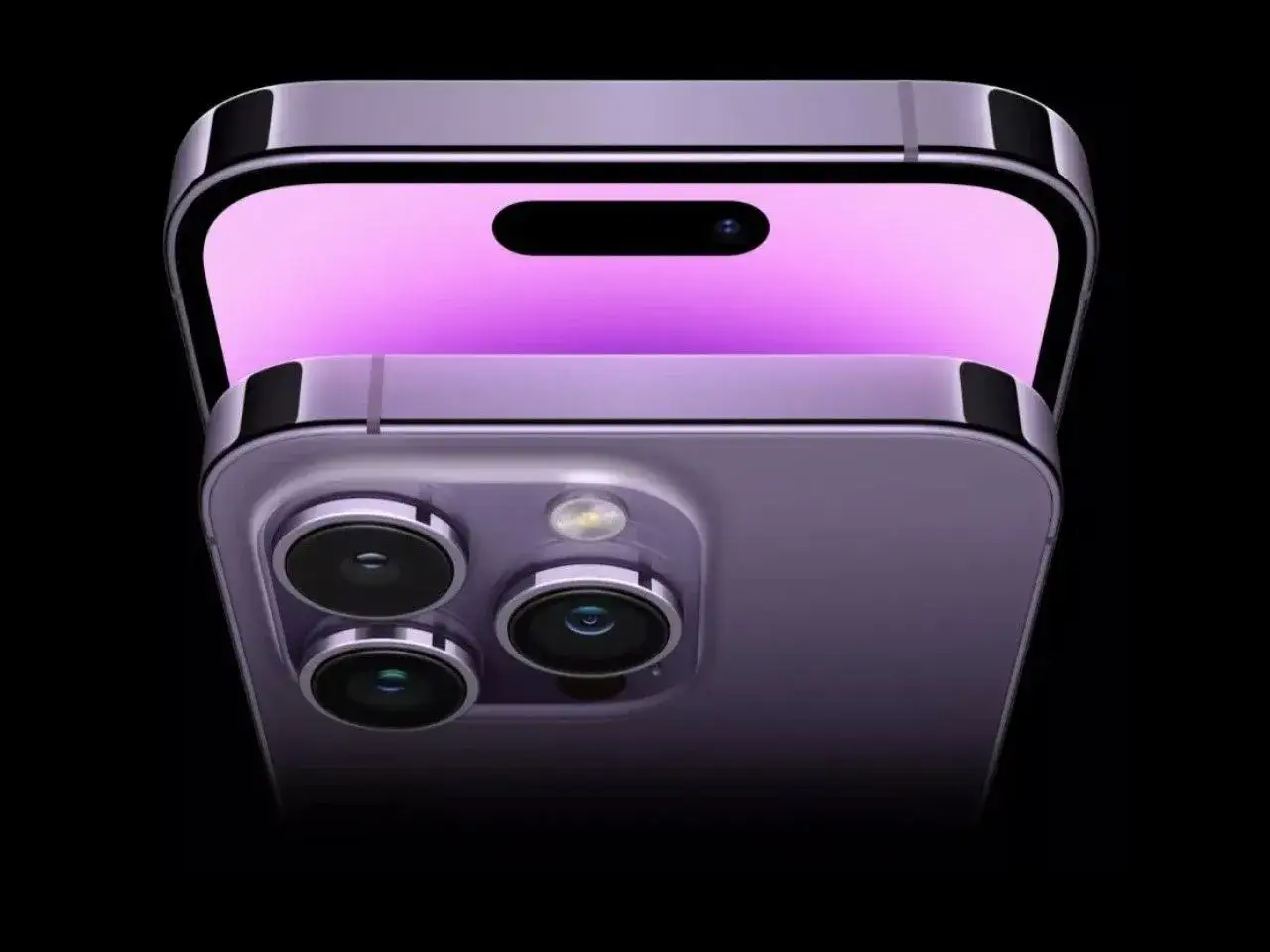 Fioletowy iPhone 15 z dynamic island, prezentujący swoje potr&oacute;jne obiektywy aparatu i innowacyjny ekran.