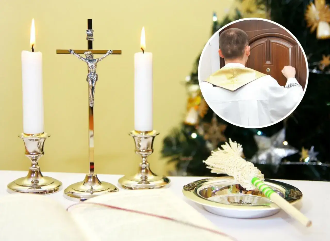 Jak przygotować dom do wizyty duszpasterskiej kolędy: krzyż, świece, kropidło i woda święcona. Ksiądz puka do drzwi.