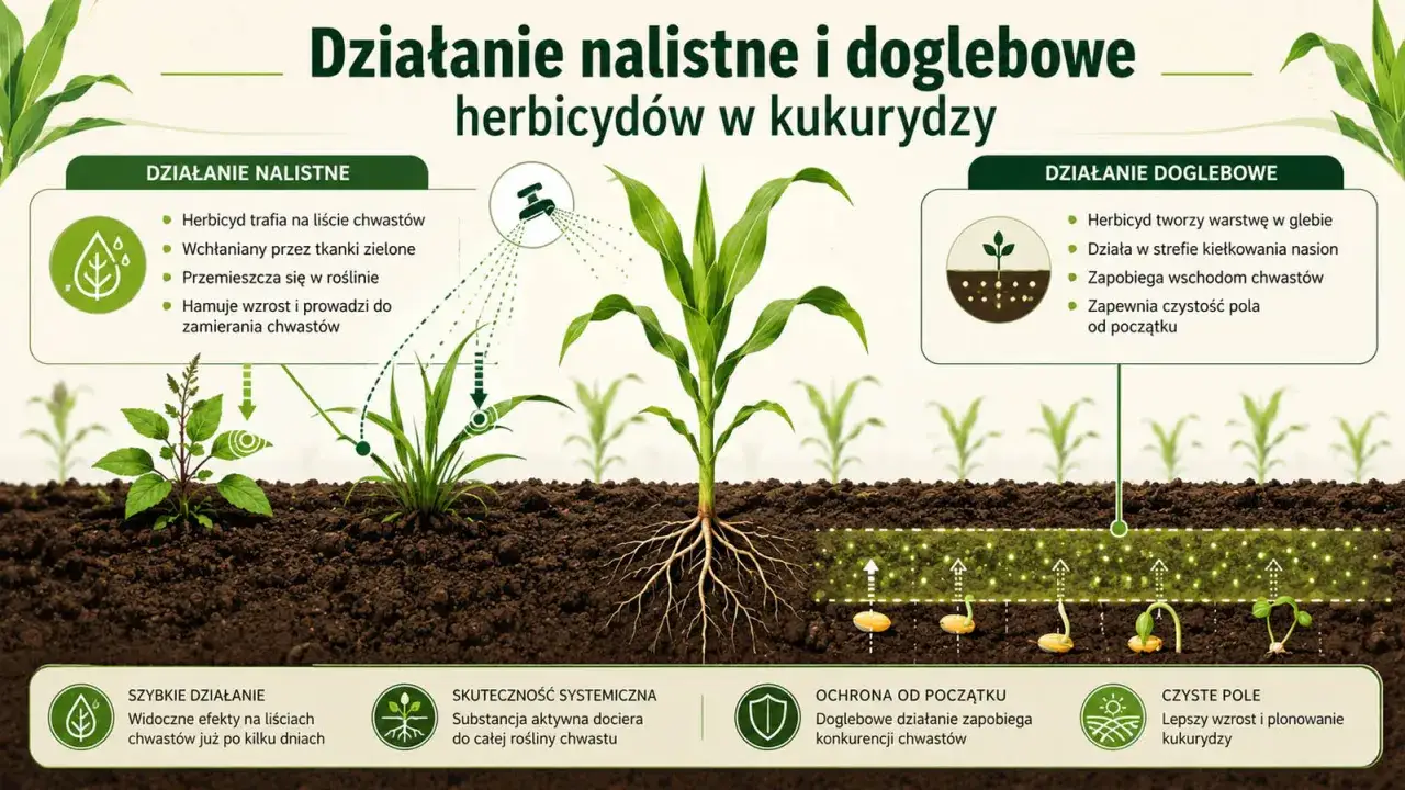 Ilustracja pokazuje działanie herbicydów nalistnych i doglebowych w kukurydzy. Doglebowe działanie zapobiega wschodzeniu chwastów, zapewniając czystość pola.