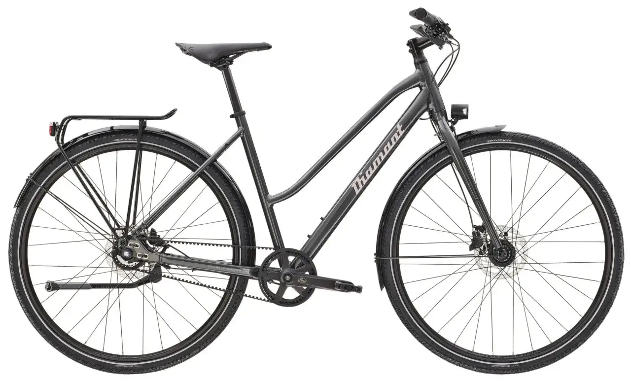 Dunkelgraues Diamant 247 Deluxe Test Fahrrad mit Gepäckträger und Schutzblechen. Ideal für die Stadt.