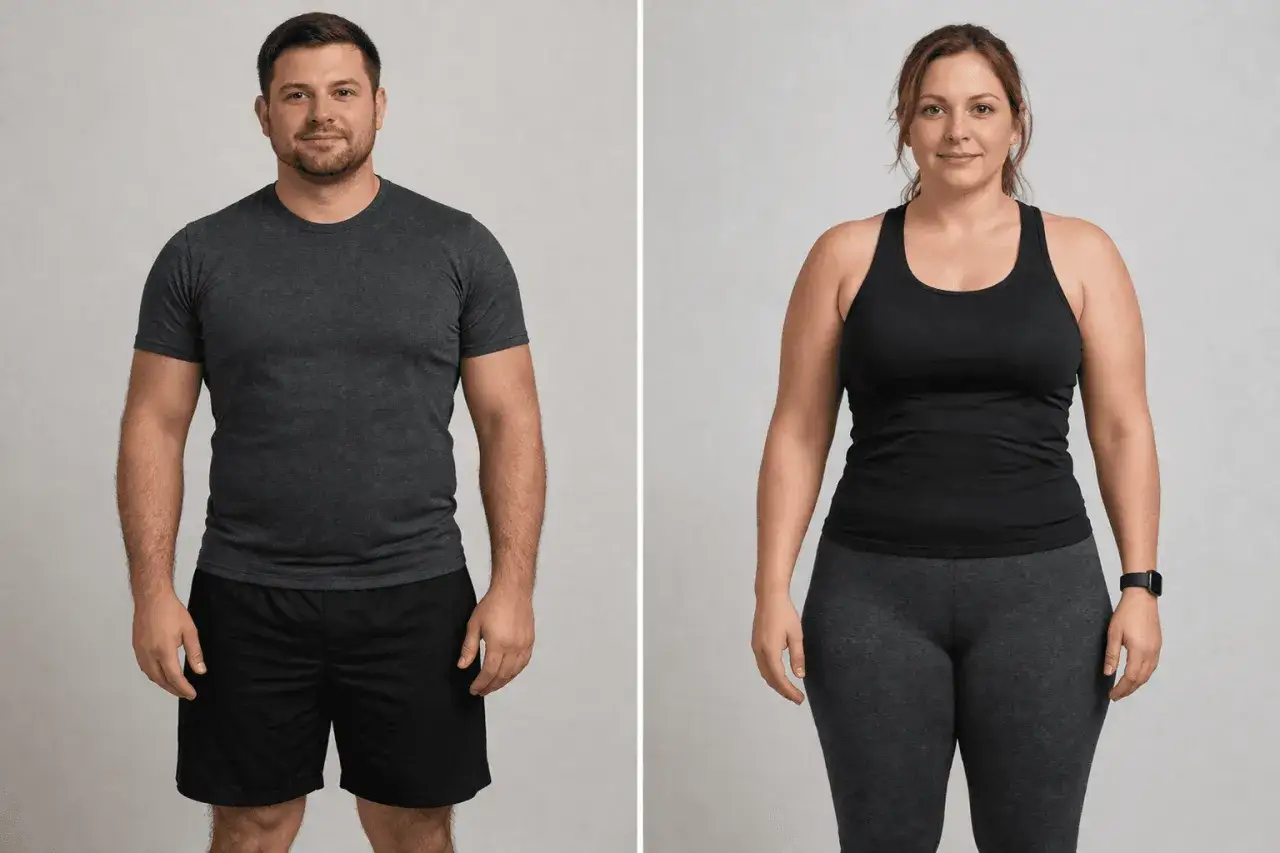 Mann und Frau vor grauem Hintergrund. Der Mann tr&auml;gt ein graues T-Shirt und schwarze Shorts. Die Frau tr&auml;gt ein schwarzes Tanktop und graue Leggings. Beide l&auml;cheln.