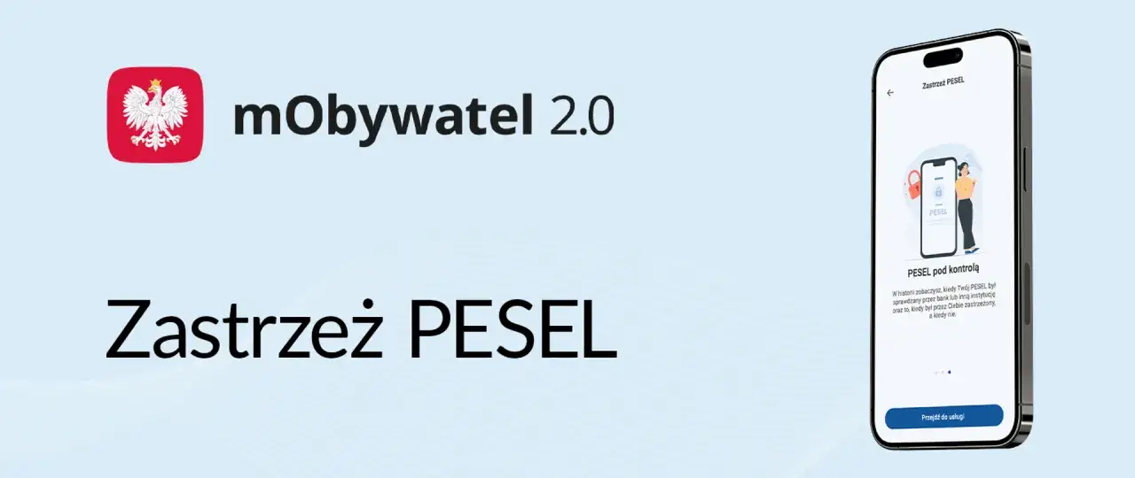 Aplikacja mObywatel 2.0 z opcją jak zastrzec PESEL. Na ekranie telefonu widoczna jest funkcja 