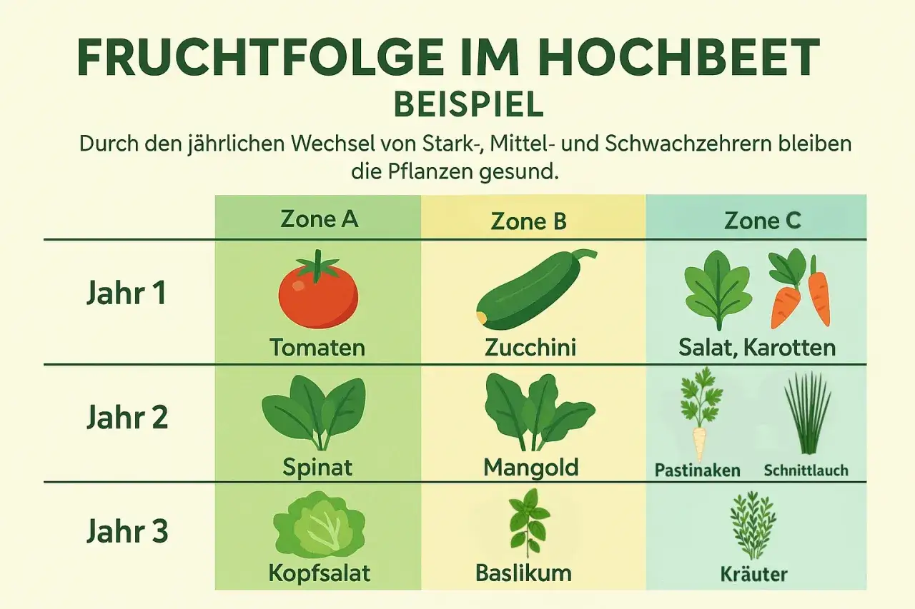 Schema zur Fruchtfolge im Hochbeet: Jahr 1 Tomaten, Zucchini, Salat/Karotten. Jahr 2 Spinat, Mangold, Pastinaken/Schnittlauch. Jahr 3 Kopfsalat, Basilikum, Kr&auml;uter.