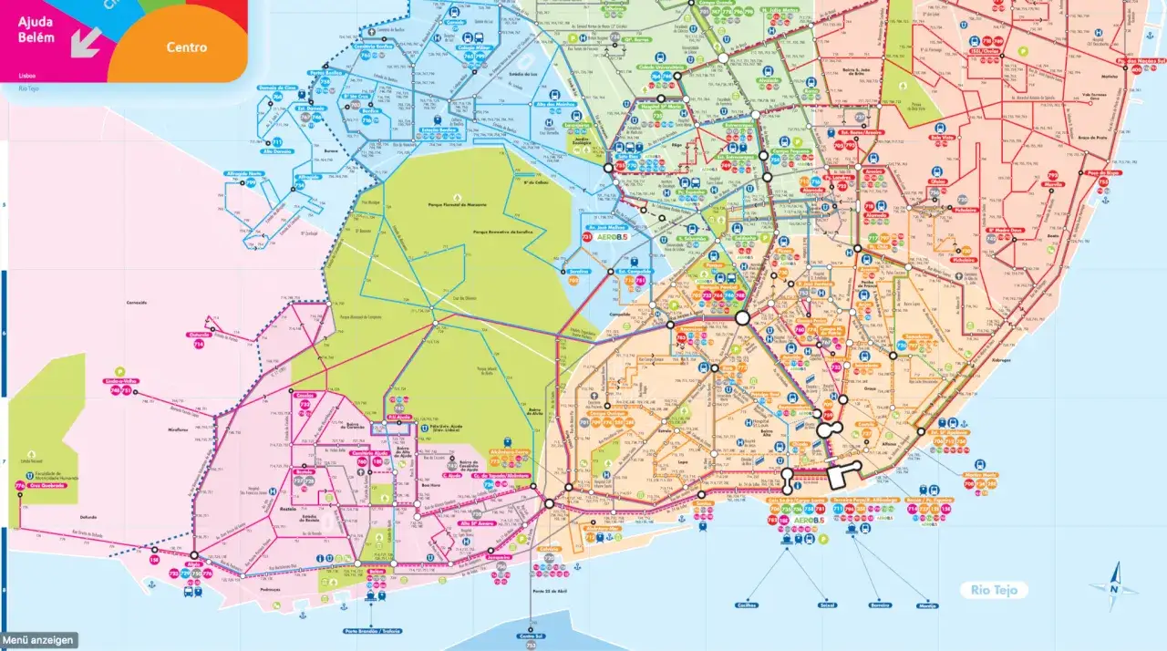 Karte von Lissabon mit vielen Linien und Haltestellen, die das Netz der **Bahn Lissabon** zeigen.