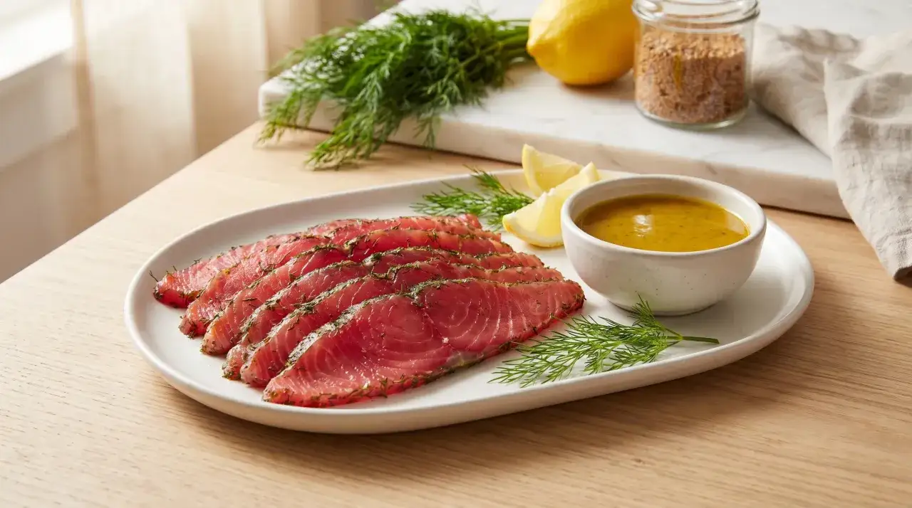 Skivor av gravad fisk med dill och en sk&aring;l med gravlaxs&aring;s. Perfekt f&ouml;r ett enkelt gravlaxs&aring;s recept.