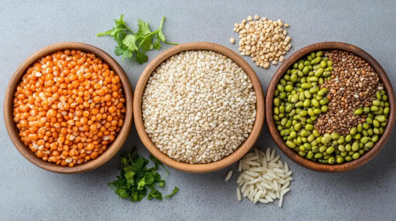 Tre ciotole di legno con legumi: lenticchie rosse, quinoa e fagioli mungo con lenticchie marroni. Un tripudio di 
