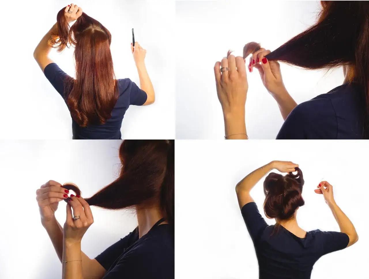 Frau mit langen roten Haaren zeigt, wie man eine Frisur zum Schlafen macht: Haare hochnehmen, zwirbeln und mit Nadeln befestigen.