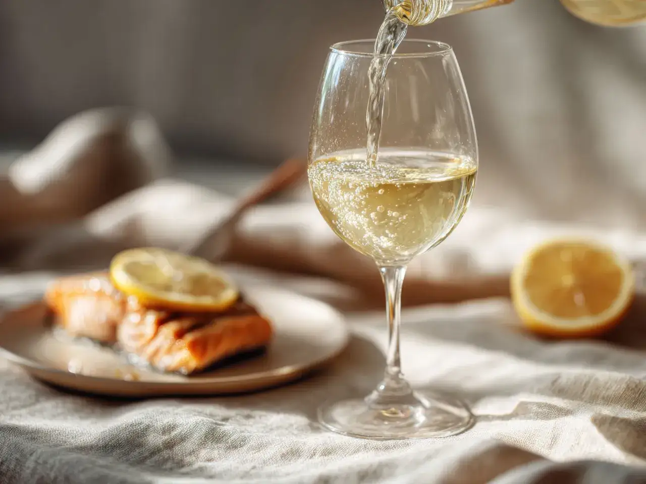 Ett glas vitt vin hälls upp, perfekt till den saftiga laxen med citron som ligger på tallriken.