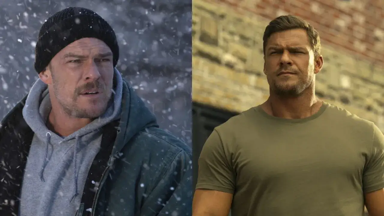 Alan Ritchson i filmer och tv-program. Till vänster i snö, till höger med en grön t-shirt.
