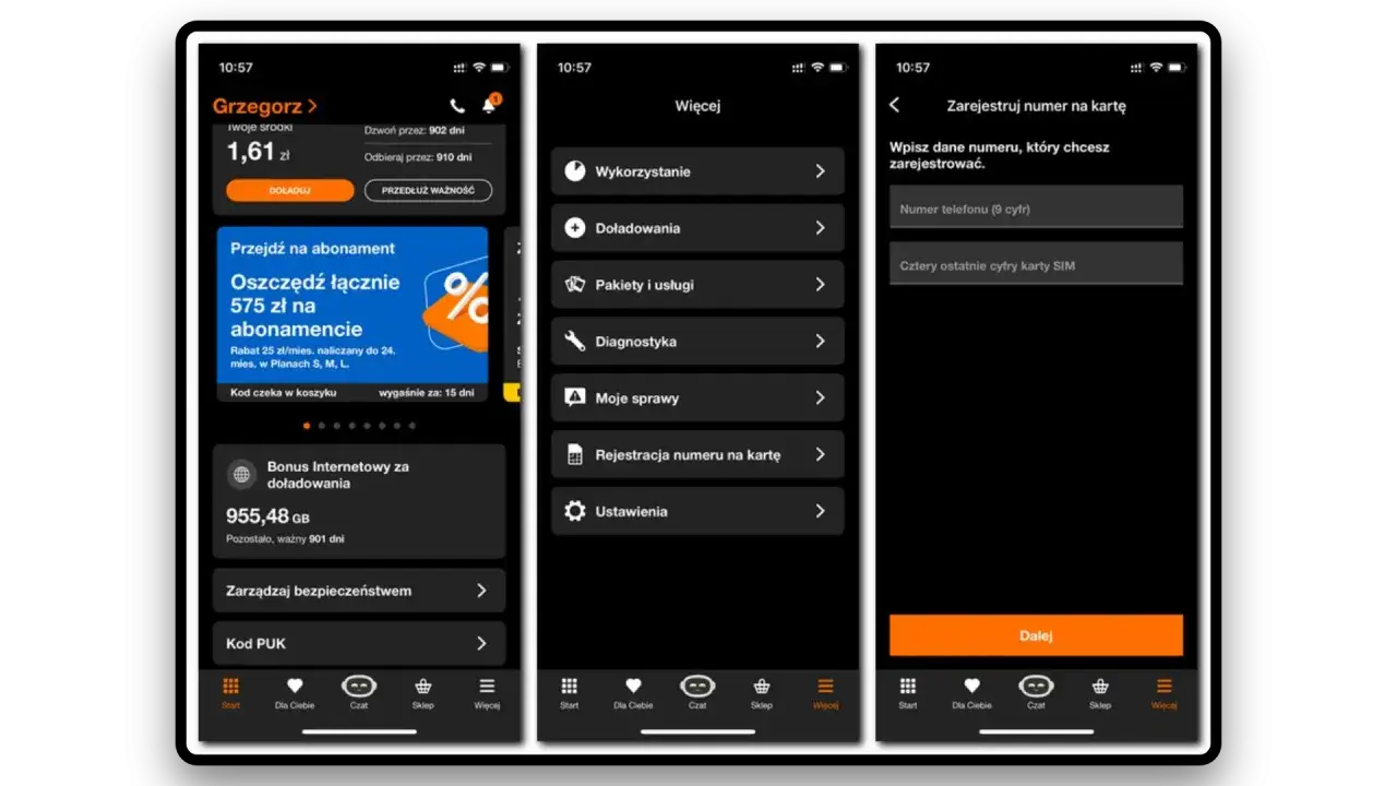Aplikacja Orange: ekran rejestracji numeru na kartę. Wpisz numer telefonu i ostatnie cyfry karty SIM.