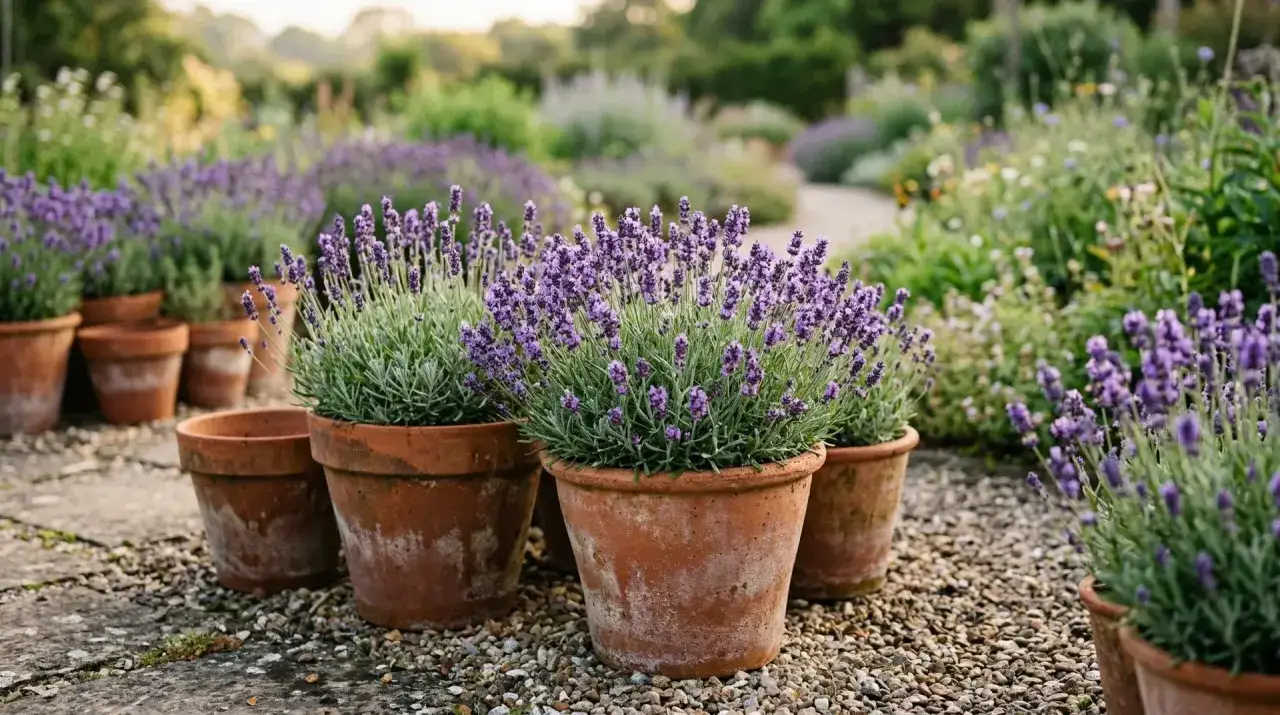 Terracotta-Töpfe mit blühendem Lavendel in einem Garten. Verschiedene Lavendel Arten gedeihen hier prächtig.