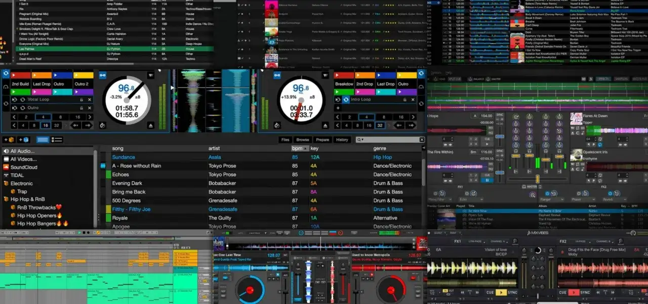 DJ traktor 2 na ekranie komputera, z widocznymi falami dźwiękowymi, kontrolkami i listami utworów.