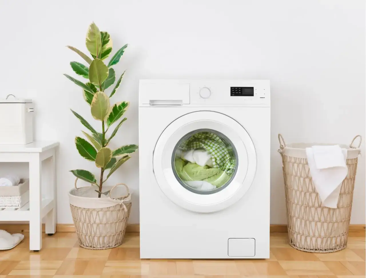 Machine &agrave; laver avec linge vert. Les inconv&eacute;nients lessive maison : temps, effort, et r&eacute;sultats parfois d&eacute;cevants.