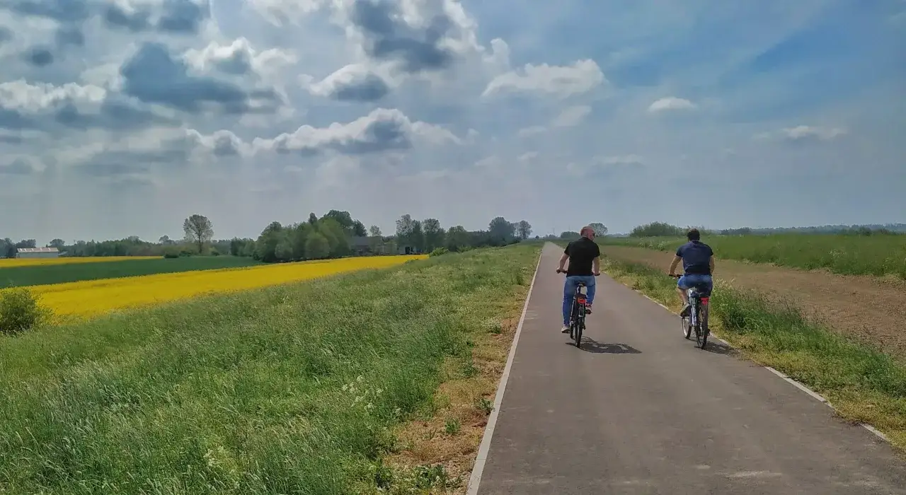 Dwaj rowerzyści przemierzają malowniczą wiślaną trasę rowerową w województwie pomorskim, otoczeni kwitnącym rzepakiem i zielonymi łąkami.
