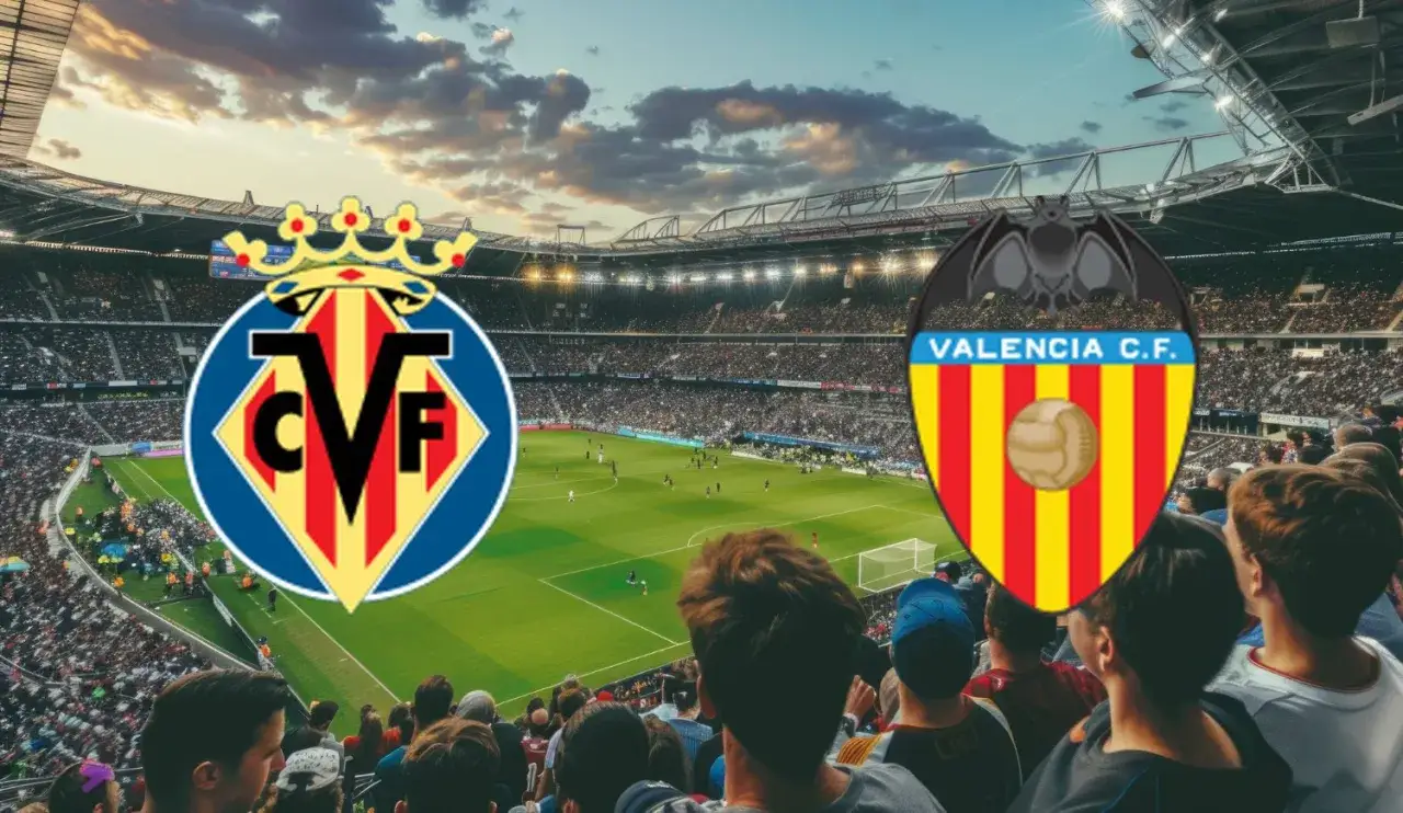 Stadion pełen kibiców, na murawie mecz, a nad nią herby Villarreal CF i Valencia CF. Zapowiedź emocjonującego starcia!
