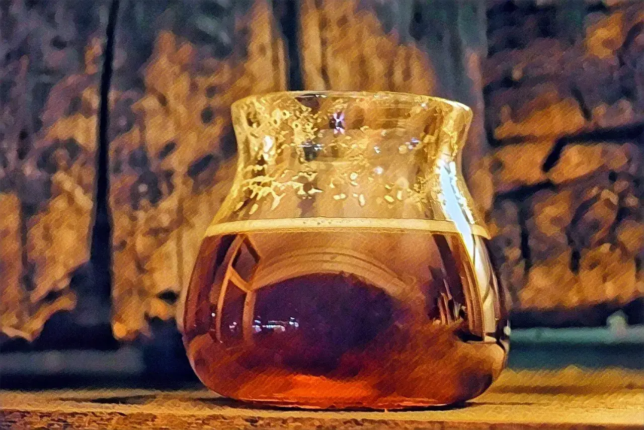 Szklanka z bursztynowym napojem, przypominającym **barely wine**, stoi na drewnianym blacie.