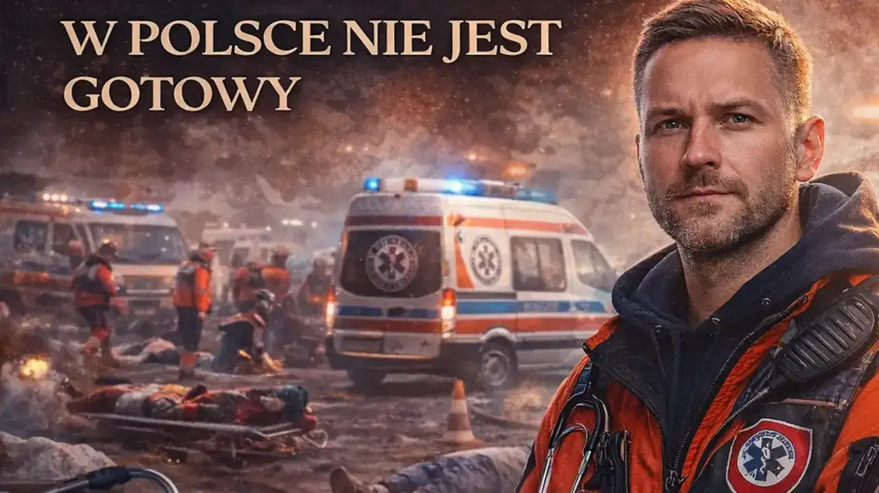 Ratownik medyczny w akcji, otoczony przez karetki i poszkodowanych. W tle napis