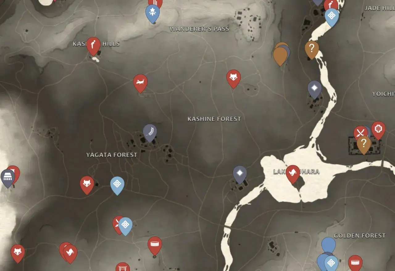 Mapa z gry Ghost of Tsushima. Wskazuje lokacje, takie jak Kashine Forest, Yagata Forest, Lake Izuhara, gdzie legendarny bajarz może opowiedzieć swoje historie.