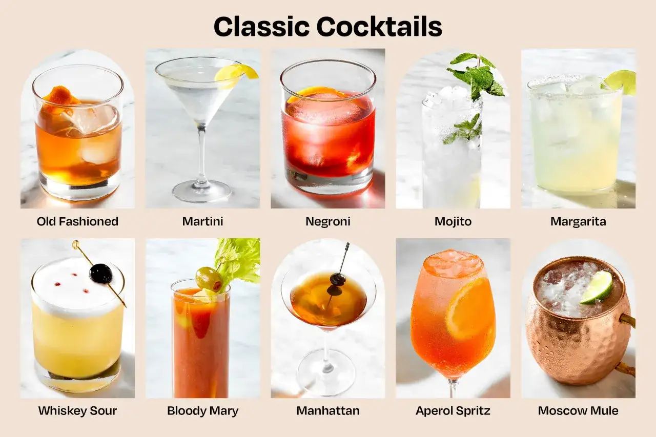 Dix cocktails classiques : Old Fashioned, Martini, Negroni, Mojito, Margarita, Whiskey Sour, Bloody Mary, Manhattan, Aperol Spritz, Moscow Mule. Un vrai régal pour les amateurs de cocktail de base.
