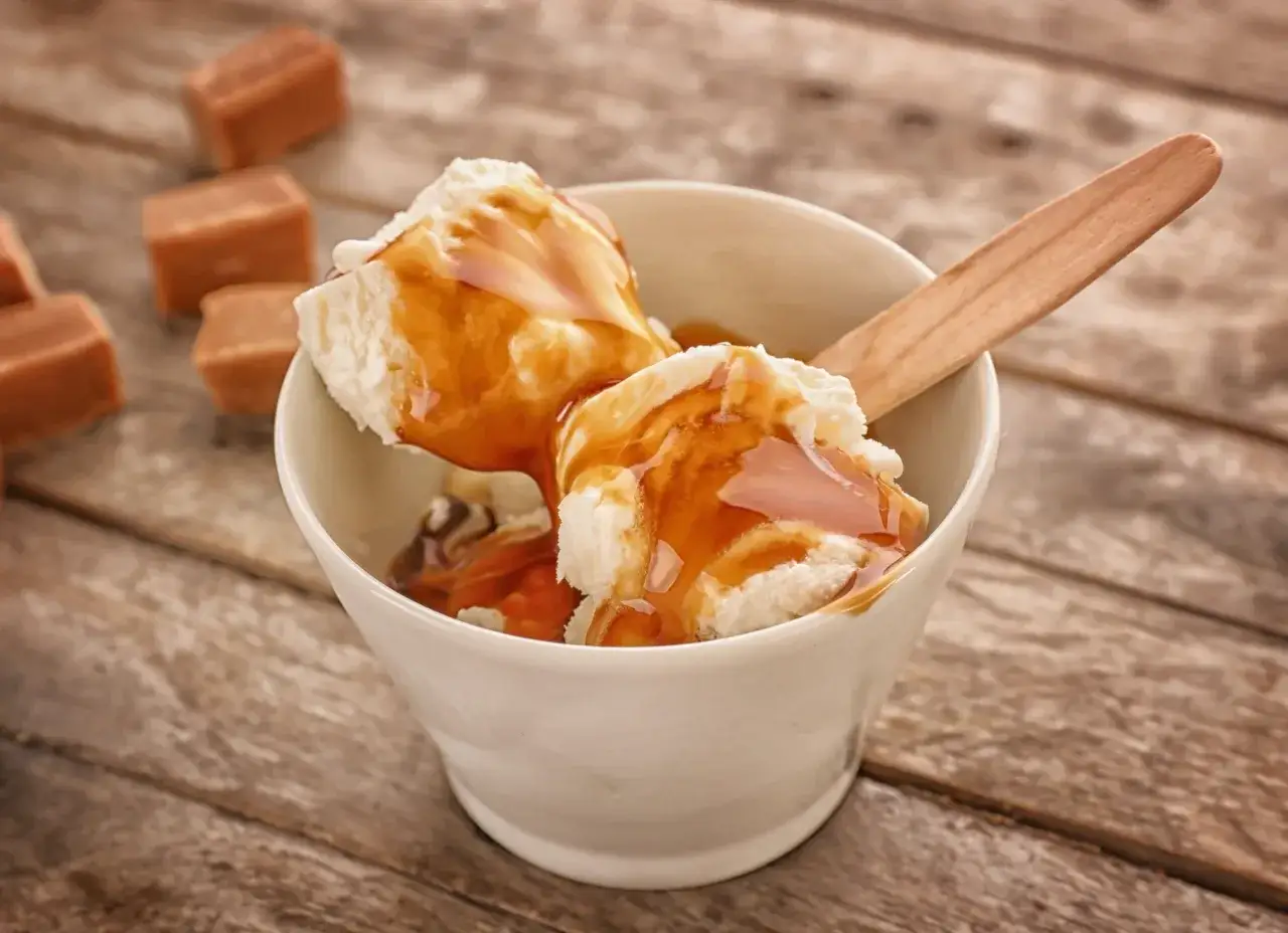 Coppetta di gelato alla birra con salsa caramello e cubetti di caramello sullo sfondo.
