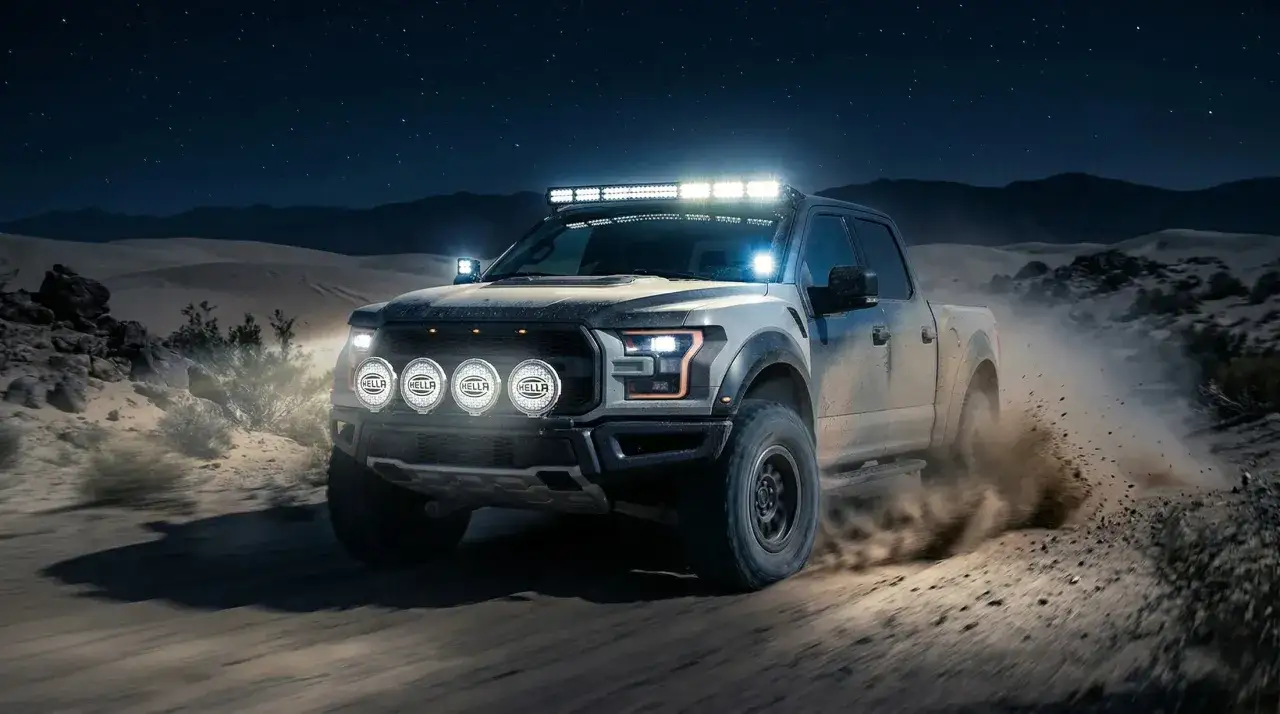 En Ford Raptor k&ouml;r i &ouml;knen under en stj&auml;rnklar natt, dess kraftfulla briodlights lyser upp v&auml;gen.