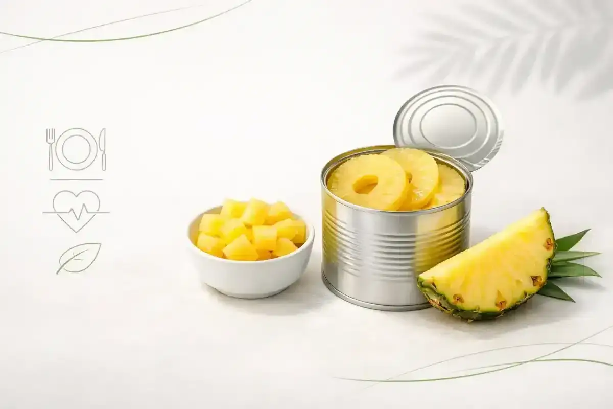 Ananas w puszce i pokrojony w kostkę, obok świeżego kawałka. Sprawdź ananas indeks glikemiczny dla zdrowej diety.