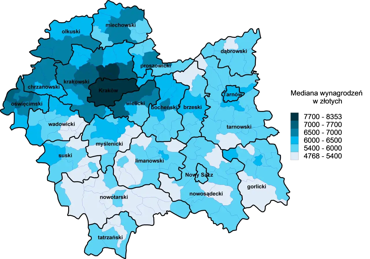 Mapa przedstawia zróżnicowanie **mediany zarobków w Polsce** według powiatów. Kolory wskazują przedziały dochodów.