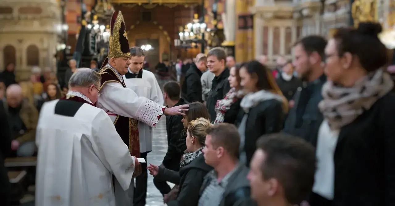 Biskup udziela sakramentu bierzmowania dorosłym w kościele. Widać wiernych i duchownych w strojach liturgicznych.